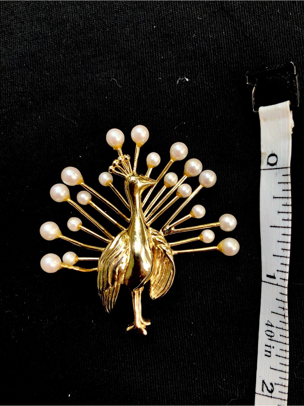 Vintage Gold Peacock Brooch with Pearl Accents